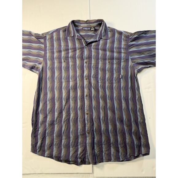 Men’s Vintage Patagonia Retro Style Dark Purple Hippie Stripe XL Button Down - Picture 2 of 9